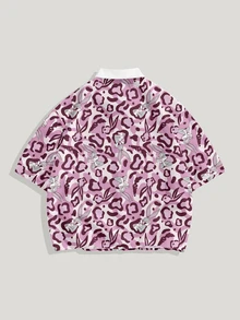 LOONEY TUNES X SHEIN FROVYX Men's Pink Leopard Print Rabbit All-Over Print Cropped Shirt, Suitable For Casual Daily Wear - Multicolor - View 5
