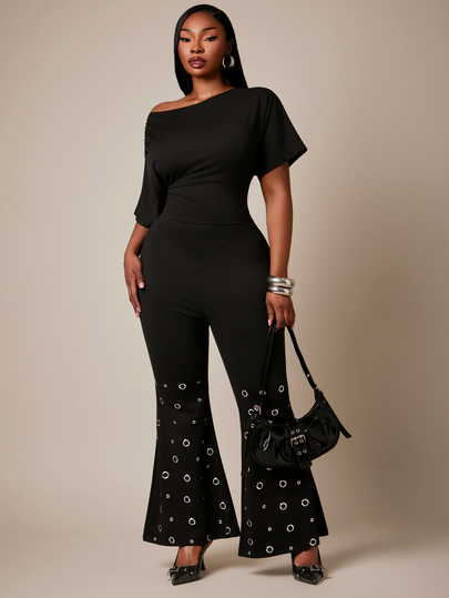 Radiana Plus Size Women's Fashion Casual Sexy Cold Shoulder Asymmetric Pure Black Flare Leg Jumpsuit, Suitable For Casual, Daily Wear, Versatile Street Style, Girly High Elastic Knit Pants, Decorated With Silver Metal Accents, Elegant Casual Outfit For Rave Music Festival