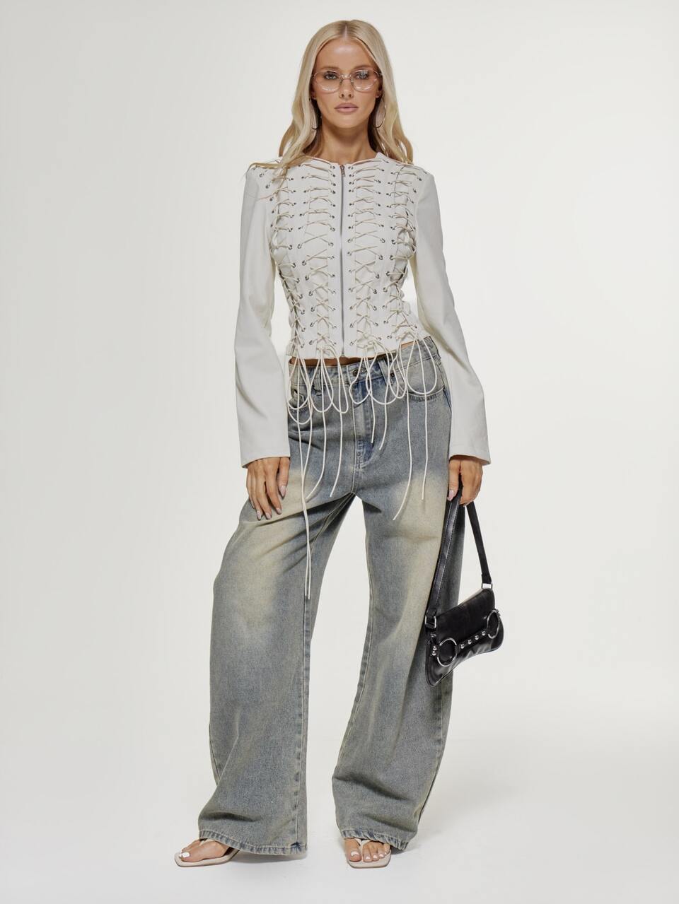 Extreme Laceup Front PU Zip Through Fitted Long Sleeve Jacket