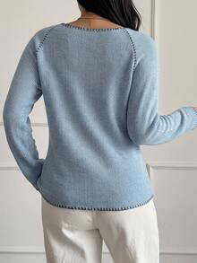 Dazy Plus Contrast Stitching Colorblock Fitted Home Casual Fashion Street Hollow Knit Long Sleeve T-Shirt - Blue - View 2