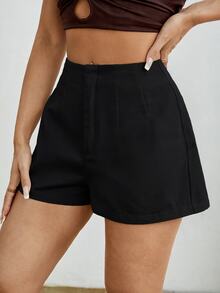 SHEIN PETITE Women's Solid Color Casual Versatile Daily Shorts - Black - View 6