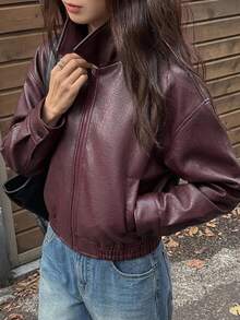 DAZY 青少年女孩純色PU皮革休閒百搭日常長袖夾克 秋季 - 酒紅色 - 查看 1