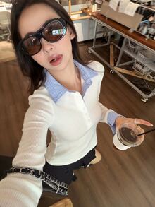 DAZY Women's Contrast Color Lapel Casual Long Sleeve Korean Style Versatile T-Shirt - White - View 3