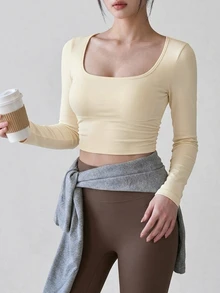 DAZY Women's Solid Color Back Cutout Long Sleeve Sports T-Shirt Fall - Beige - View 5