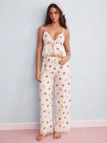 Elorette Pink 2pcs Camisole + Pants Embroidered Floral Print All-Over Print Ruffle Trim Romantic Pastoral Women's Pajama Set - Pink - View 6