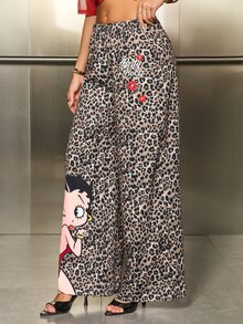 Betty Boop x SHEIN Women's Leopard Print Cartoon Wide Leg Long Pants - Brown - View 6