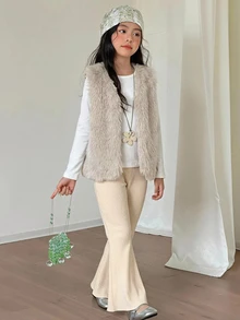 Dazy Kids Tween Girl) Sleeveless Fur Vest Top + Fur Flared Casual Pants 2pcs Sweater Set - Beige - View 8