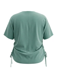 TaskEZ Atasan Seragam Medis Wanita Ukuran Besar Warna Hijau Rumput, Leher V, Lengan Pendek, dengan Detail Kerut dan Tali Serut untuk Memperampingkan Tubuh, serta Desain Hem Melengkung - Hijau - View 4