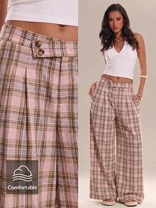 Avantive Women's Casual Commute Plaid Wide Leg Long Pants - Pink - View 1