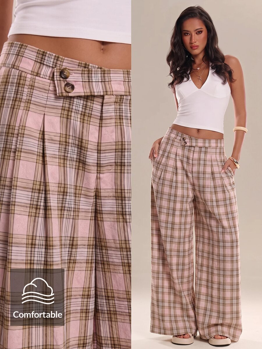 Avantive Women's Casual Commute Plaid Wide Leg Long Pants - Pink - View 1