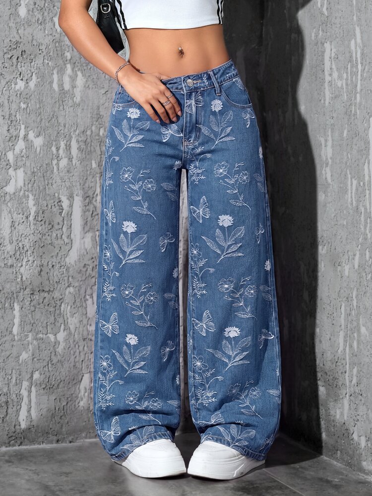 SHEIN PETITE Women's Floral Pattern Pocket Wide Leg Loose Casual Denim Jeans - Blue - View 3