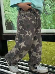 Hapijoa Young Boy Fashion Star Pattern Printed Denim Jeans With Pockets Fall - Army Green - View 4