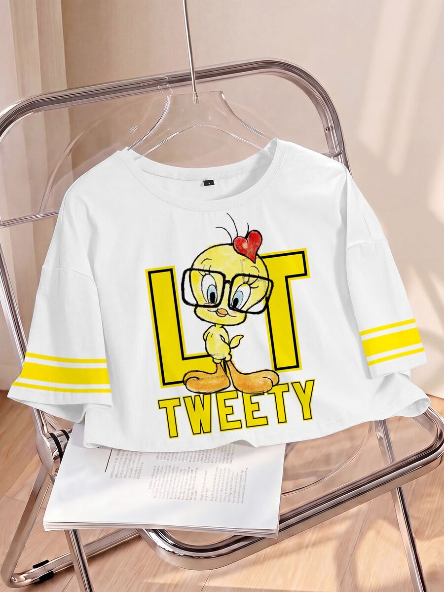 LOONEY TUNES X SHEIN 女款夏季休閒卡通印花短版T恤 - 白色 - 查看 1
