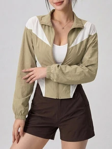 DAZY Colorblock Patchwork Front Zip-Up Sports Jacket Fall - Mint Green - View 5