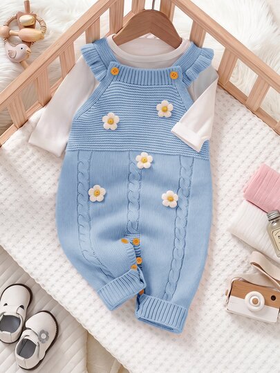 SHEIN رومبير بنات صغيرات بحافة مكشكشة، مجموعة حلوة عصرية، رومبير محبوك للرضع، مجموعة محبوكة للبنات الصغيرات، رومبير كنزة للرضع، أوفرول للبنات الصغيرات، ملابس كنزة خريفية للرضع، رومبير شتوي للبنات الصغيرات، خط عنق معلق، تفاصيل مكشكشة لطيفة، مناسب للارتداء في الخريف، زهور ثلاثية الأبعاد