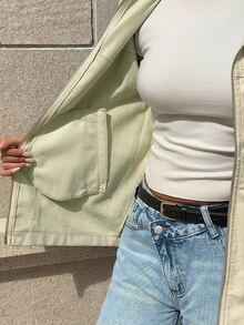 SHEIN Unity 女款純色長袖前拉鍊休閒PU標準版夾克 - 卡其色 - 查看 6
