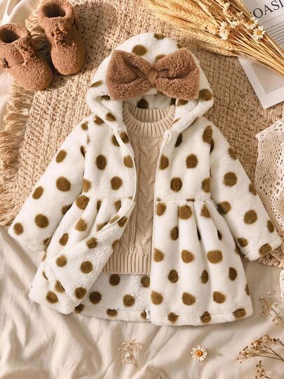 SHEIN Baby Girl Cute Polka Dot Pattern Large Bow Faux Fur Jacket