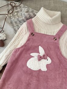 SHEIN Babygirl Cute Pink Rabbit Pattern Corduroy Dress - Pink - View 5