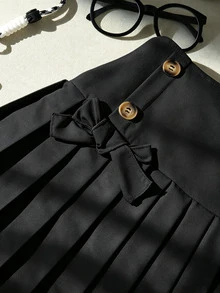 SHEIN 少女秋季返校休閒可愛黑色鬆緊腰百褶裙，假期校園風 - 黑色 - 查看 3