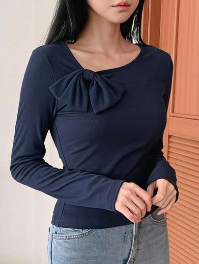 DAZY Women's Asymmetric Collar Bow Decor Pajama Top