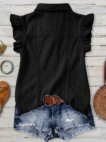 EMERY ROSE EMERY ROSE Women's Distressed Cap Sleeve Denim Jacket - Black - View 2