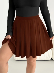 SHEIN Essnce 大尺碼休閒純色百褶裙 - 棕色 - 查看 5