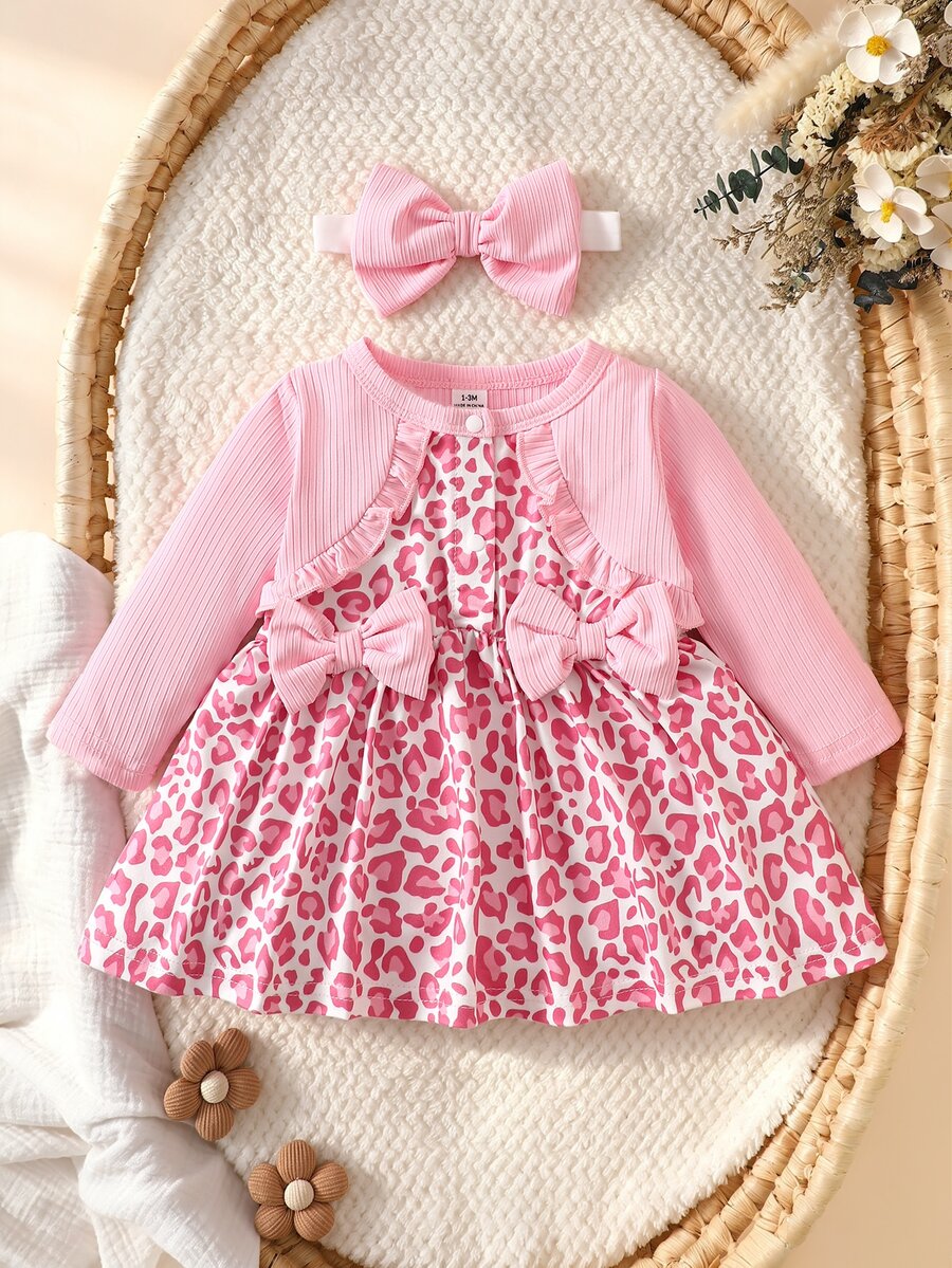 SHEIN 2 Pieces Fashion Leopard Print Baby Dress - Baby Pink - View 1