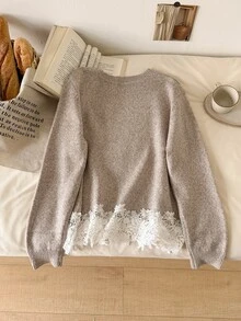 CosyJoli Gentle French Lace Patchwork Round Neck Long Sleeve Sweater - Camel - View 2