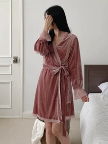 DAZY Women's Elegant Lace Trim Robe With Belt Fall - Dusty Pink - View 7