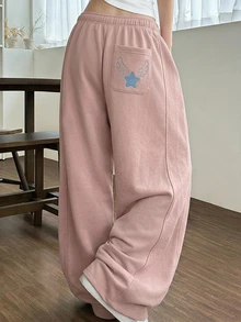 DAZY 星星與翅膀刺繡口袋側邊運動長褲 秋季款 - 粉色 - 查看 3