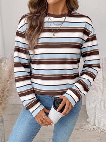 SHEIN LUNE Striped Print Drop Shoulder Sweatshirt - White - View 6