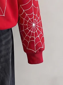 SHEIN EZwear 女款休閒拉鍊寬鬆連帽衛衣，蜘蛛印花，秋季服飾，Y2K通勤穿搭，基礎款，復古，萬聖節裝扮，紅白色 - 彩色 - 查看 9