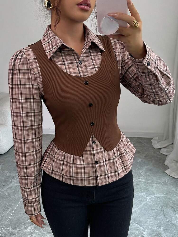 Elenzga Women's Brown Plaid Patchwork Ribbed Fabric Collared Waist-Flattering Design 2 In 1 Elegant Teacher Outfit For Independence Day, Cyber Monday, Halloween, Singles Party, Christmas Eve, Christmas, Thanksgiving, Autumn Shirt, Autumn Top, Autumn Clothing, New Essential Fashion Item, Niche Design, Versatile Style - Mocha Brown - View 4