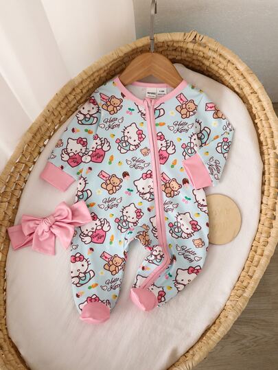 HELLO KITTY AND FRIENDS | SHEIN Newborn Baby Pajama Cartoon All-Over Print Long Sleeve Romper 1pc Set Loungewear