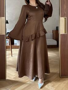 Dazy Plus Solid Color Fitted Waist Ruffle Trim Round Neck Long Sleeve A-Line Elegant Spring Autumn Dress - Brown - View 5