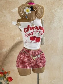 Soleia Plus Size Sexy Asymmetrical Shoulder Metal Flower Decor Top And Plaid Ruffle Hem Shorts 2 Pieces Set - Red - View 7