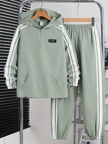 兒童 2 件組 青少年男孩夏季休閒校園風 柔軟連帽防曬外套與長褲套裝 綠色 - 綠色 - 查看 4