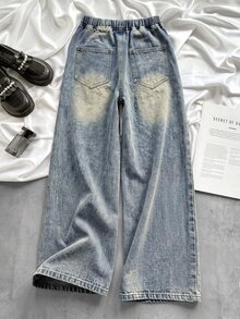 SHEIN 青少年女孩腰部繫帶寬腿寬鬆牛仔長褲 - 淺色水洗藍 - 查看 2