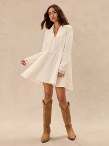 Easelle Vintage Bohemian V-Neck Embroidered Patchwork A-Line Short Dress For Women - White - View 5