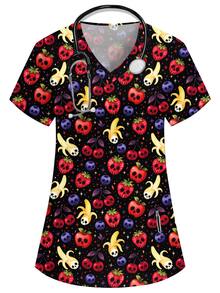 PopScrub Top d'été pour femme Halloween noir à col V, manches courtes, double poche, imprimé squelette dessin animé mignon, uniforme de travail pour infirmière, médecin, toiletteur pour animaux, nutritionniste, laboratoire, vêtement de fête fonctionnel multi-poches, Jour des Morts, fête d'Halloween, style effrayant et mignon - Noir - Voir 1