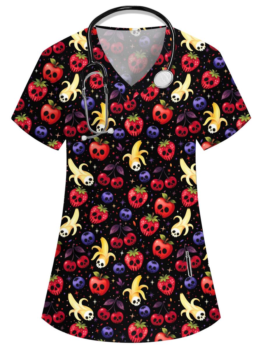PopScrub Top d'été pour femme Halloween noir à col V, manches courtes, double poche, imprimé squelette dessin animé mignon, uniforme de travail pour infirmière, médecin, toiletteur pour animaux, nutritionniste, laboratoire, vêtement de fête fonctionnel multi-poches, Jour des Morts, fête d'Halloween, style effrayant et mignon - Noir - Voir 1