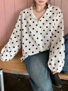 Dazy Plus Jaket Kerah Tegak Longgar Motif Polkadot Besar Modis untuk Musim Semi, Musim Panas, dan Musim Gugur - Aprikot - View 6