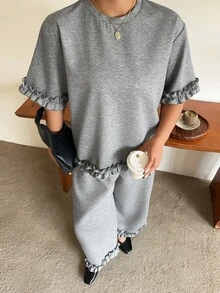 Dazy Plus Patchwork Ruffle Cuff & Hem Design Casual Cropped Wide Leg Pants 2 Pieces Set For Girls Fall - Grey - View 2