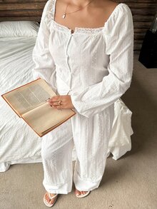 Dazy Plus 2pcs Textured Fabric Petal Sleeve Top & Straight Leg Long Pajama Pants Set, Spring/Autumn Sleepwear Outfit - White - View 1