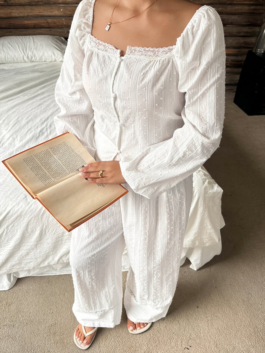 Dazy Plus 2pcs Textured Fabric Petal Sleeve Top & Straight Leg Long Pajama Pants Set, Spring/Autumn Sleepwear Outfit - White - View 1