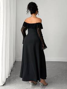 Cravure Plus Size Women's Off-Shoulder Contrast Lace Long Dress Fall - Black - View 5