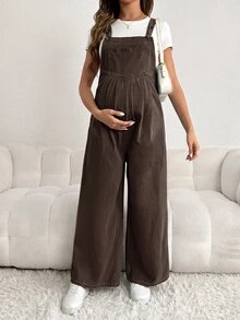 SHEIN 孕婦休閒水洗牛仔吊帶褲 - 棕色 - 查看 1