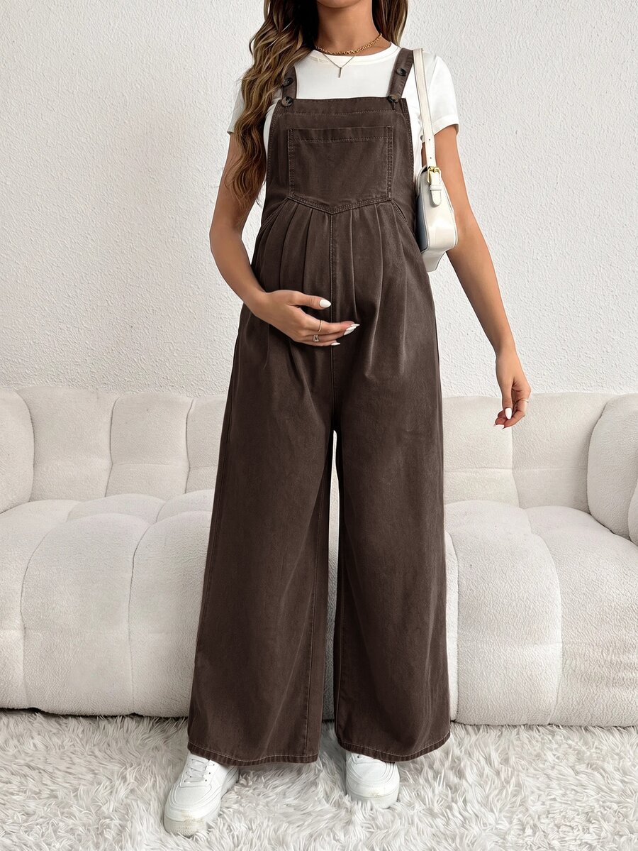 SHEIN 孕婦休閒水洗牛仔吊帶褲 - 棕色 - 查看 1