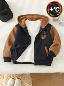 SHEIN Kids Young Boy Casual Versatile Colorblock Thick Hooded Autumn Winter Jacket - Multicolor - View 3