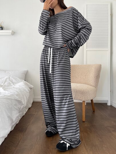 K-Vae Ensemble femme décontracté à rayures avec Top ample à manches longues et épaules asymétriques, et pantalon large, 2 pièces